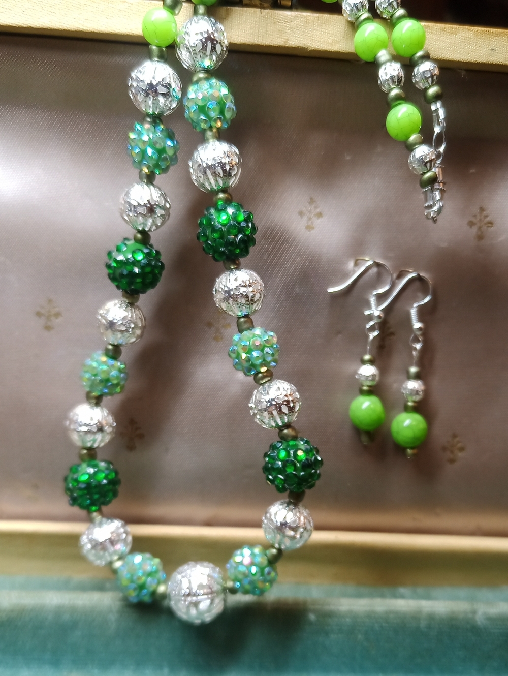 Green and Silver Beaded Necklace and Earrings Set